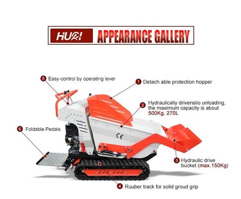800 kg laadvermogen Mini Crawler Dumper met 6,5 pk motor en hydraulische stroom 28,8 L